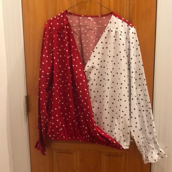 Tops - Polka Dot Wrap Blouse - Red and White